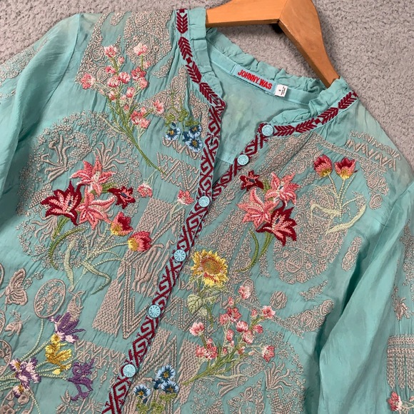 Johnny Was Tops - Johnny Was Allbee Blouse Womens Small S Aqua Blue Embroidered Scalloped Boho Top